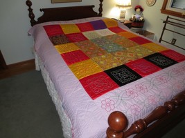 Hand Stitched EMBROIDERED BLOCK DESIGN Satiny &amp; Cotton QUILT - 70&quot; x 95&quot; - $79.00