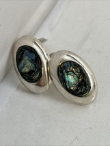 Taxco Mexico 925 Sterling Silver Modernist Abalone Shell Clip On Earrings - $27.67