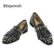 2019 Black Leather Shoes Men Round Toe Rivet Tassel Flat Loafer Shoes For man Pa - £131.99 GBP