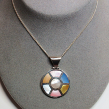 All Solid Sterling Silver Mother of Pearl Inlay Pink Blue Pendant Necklace 22.3g - £47.74 GBP