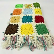 Vintage Crochet Afghan Granny Square Quilt Bright Multi Color Throw Blanket  - £39.16 GBP