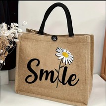Trendy Tote Bag Smile Print Large Capacity Fashion Shoulder Bag Jute Fabric - $29.40