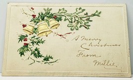 Merry  Christmas Dainty Golden Bells Snowy Pine &amp; Holly Branches Emb Postcard J7 - £5.53 GBP