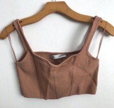 Zara Crop Top S Brown Ribbed Stretch Knit Bandage Square Neck Tank Pullover - £15.11 GBP