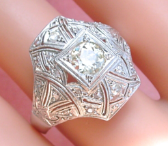 Art Deco 1ctw Mine Diamond Platinum Cocktail Engagement Unisex Ring 1930 Size 11 - £1,726.31 GBP