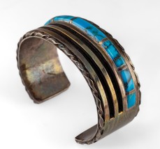 Antique Navajo Sterling Morenci Turquoise Inlay Cuff Bracelet 74.4g - £952.58 GBP