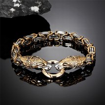 Never Fade Viking Dragon Head Bracelets Men Gold Stainless Steel King Chain Snak - £25.22 GBP