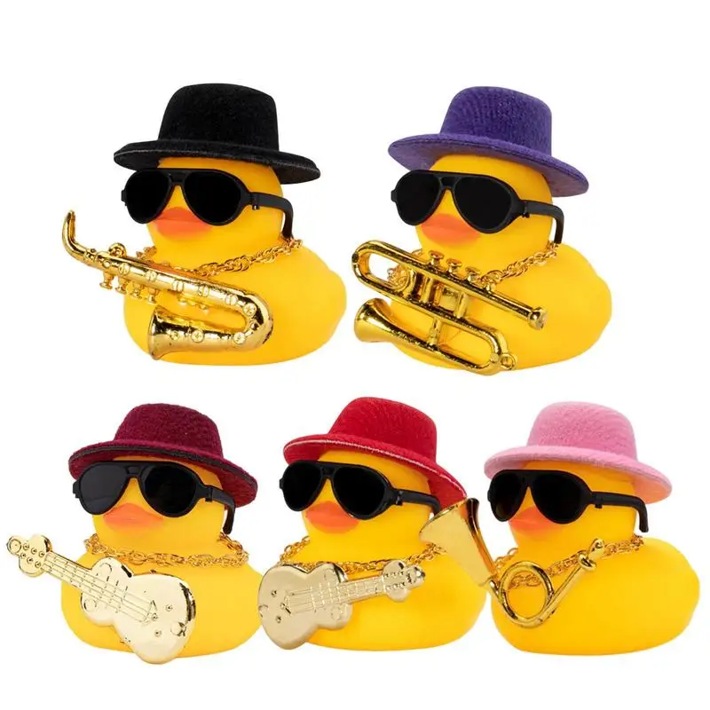 Car Duck Yellow Ducks Squeak Rubber Car Ornaments Wind Pendant With Hat Musical - £12.54 GBP+