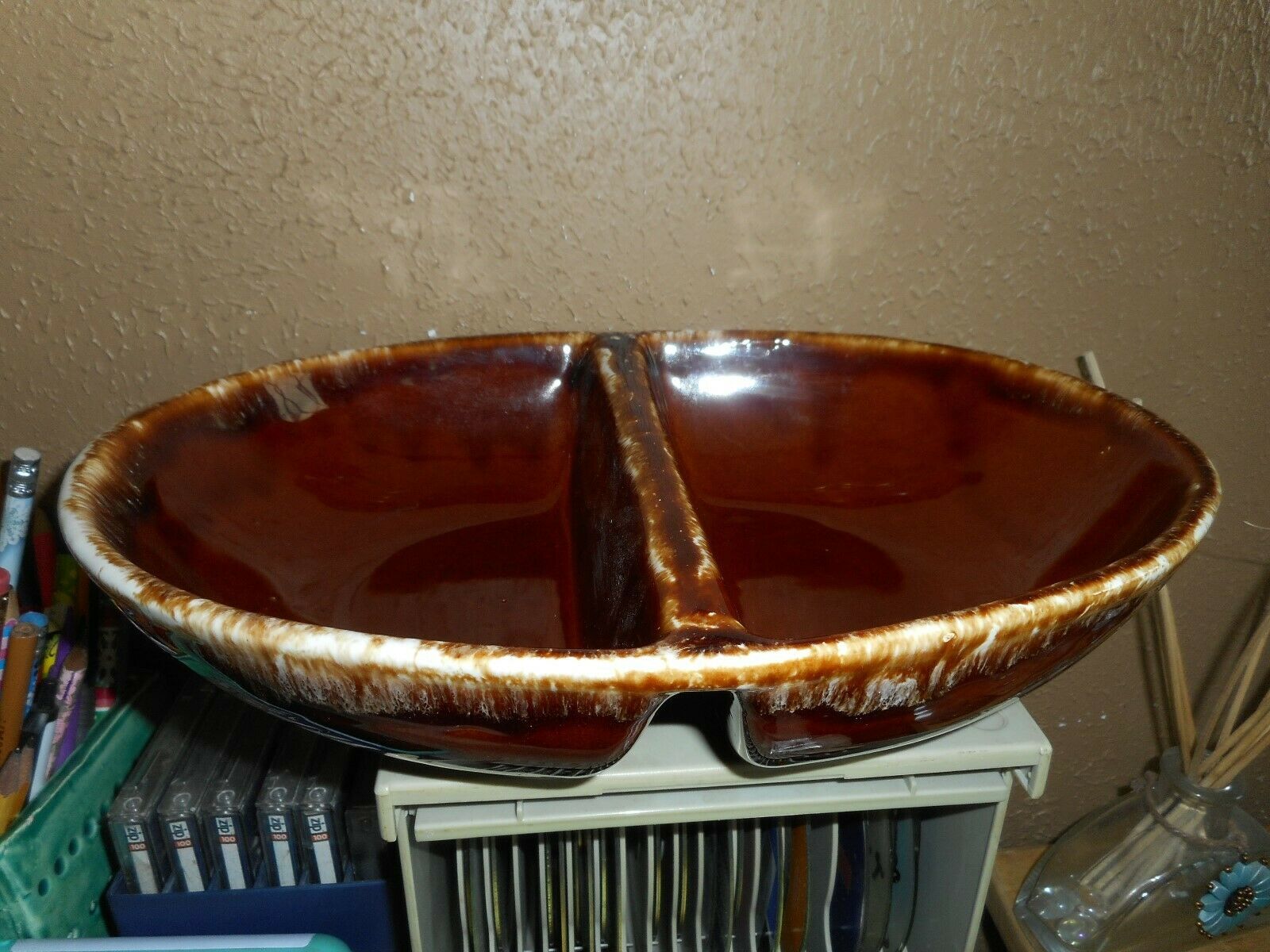 Vintage McCoy Kathy Kale Pottery Brown Drip Glaze 11" Divided Serving Bowl USA - $17.99