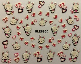 Nail Art 3D Decal Stickers Bunny Hearts Easter Bunny Rabbit Valentines BLE680D - £2.63 GBP