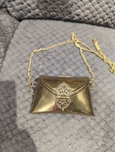 Vintage 1970&#39;s Retro Brass Miniature Pillow Purse Chain Necklace Hinged &amp; Latch - £28.68 GBP