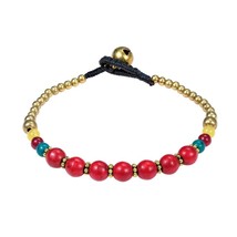 Tribal Inspired Round Reconstructed Red Coral &amp; Brass Beads Toggle Bracelet - £7.39 GBP