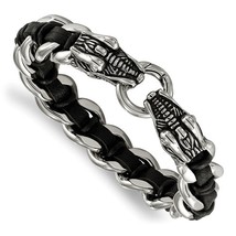Men&#39;s Antiqued Stainless Steel Dragon Head Curb Chain w/ Black Leather B... - $139.99
