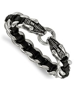 Men&#39;s Antiqued Stainless Steel Dragon Head Curb Chain w/ Black Leather B... - £111.90 GBP