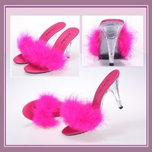 Fluffy Hot Pink Marabou Feather Crystal High Heel Mule Platform Slides
