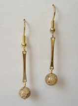 Marble Stone Beaded Brown Beige Earrings Gold Metal Handmade Pierced Dangle - £17.64 GBP
