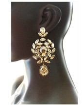 4.75&quot; Long Cluster Clip On Earring Champagne Light Brown Crystals Drag Q... - $33.25
