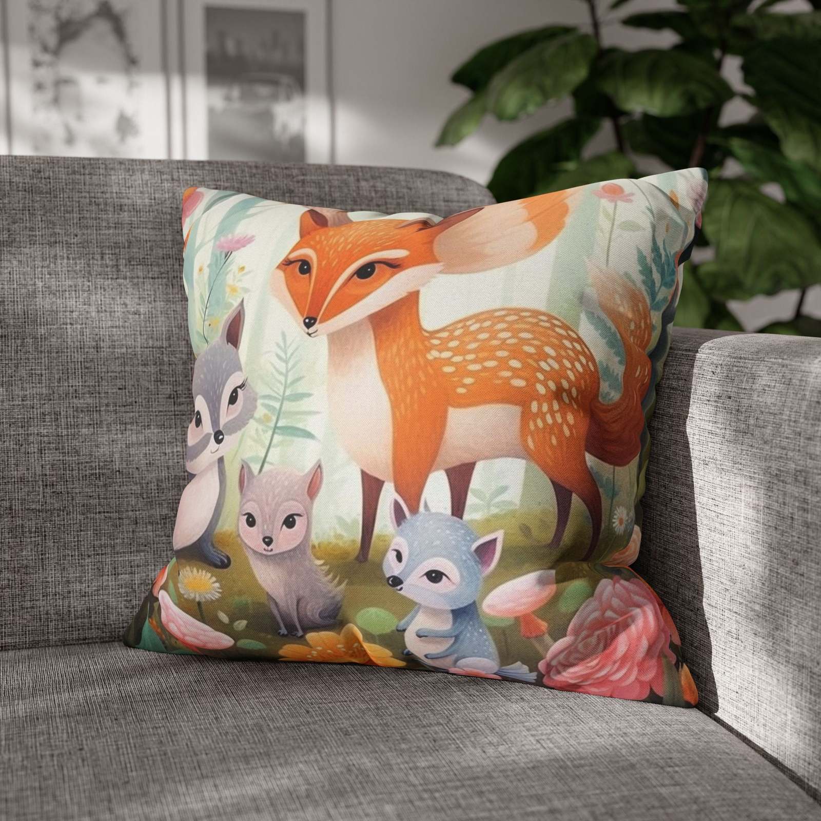 Cute Woodland Creatures Whimsical Animal Art Spun Polyester Square Pillow Case - £26.92 GBP - £39.31 GBP