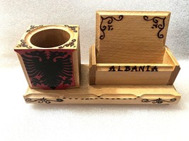 New Albania Eagle Wood Pen HOLDER+CARDS-HANDCRAFT Officies ORNAMENT-19.5CM X 7CM - £22.15 GBP