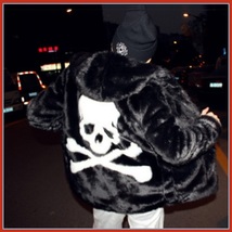 Unisex Fashion Frenzy Skull Crossbones Hooded Faux Rabbit Fur Zip Up Jacket Coat image 3