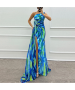 Sexy Sleeveless Backless High Split Contrast Printed Chiffon Dress - $127.95
