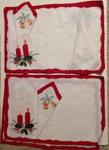 Embroidered Placemat Cloth Napkin Set 4 Christmas 12&quot; X 18&quot; Candles Bell... - £19.67 GBP