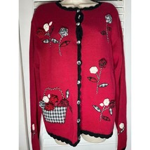 Gorgeous vtg 1996 Susan Bristol embroidered appliqued cardigan M Red black plaid - $27.99