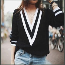 Loose Long Sleeved Knitted Pullover Striped Edge V Neckline Black Sweater image 1