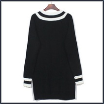 Loose Long Sleeved Knitted Pullover Striped Edge V Neckline Black Sweater image 4