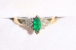Stunning .56 ctw. Marquis Cut Emerald &amp; Diamond (I2/ SI) Yellow Gold 14K Size 7 - £135.88 GBP