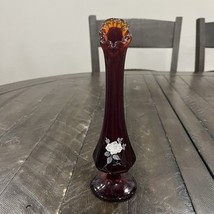 Vtg FENTON Ruby Red Glass Bud Vase Swung Hand Painted Signed 8&quot; Floral S... - $19.79