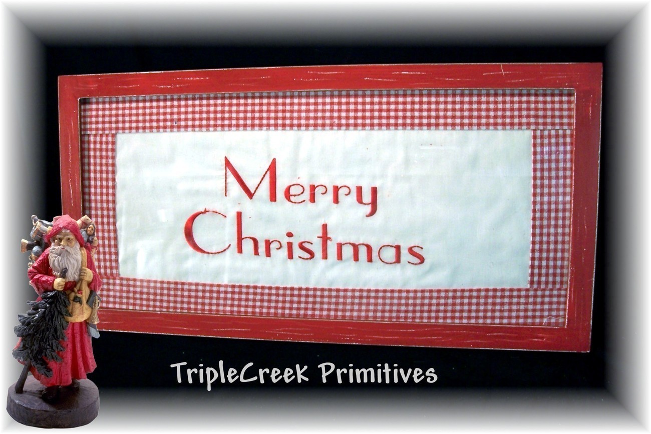 PRiMiTiVe FRAMED STITCHERY~&quot;MERRY CHRISTMAS&quot; w/Gingham - $22.95
