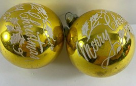 Vintage Lot of 2 Shiny Brite Yellow Stencil Merry Christmas Glass Ball Ornaments - £23.73 GBP