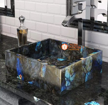 Labradorite Stone Blue Marble Wash Basin Sink Handmade Bathroom Vanity Decor - £529.47 GBP+