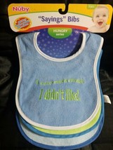 Nuby Bibs 3 Pack Hungry Series Sayings Terry Cloth Velcro Cookie Blue Green Set - $9.97