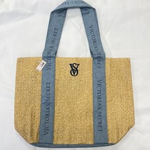 Victoria&#39;s Secret Straw Beach Tote Bag Large Weekender Travel Blue Beige - £21.03 GBP