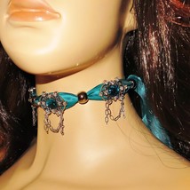Sparkling Teal Crystalled Ultra Soft Ribbon Choker Necklace - Heavy Weight - £41.29 GBP