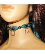Sparkling Teal Crystalled Ultra Soft Ribbon Choker Necklace - Heavy Weight - $70.43 CAD