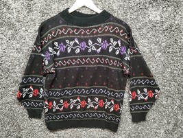 Vintage American Pride Sweater Men Medium Black Floral Fair Isle 80s 90s - £21.77 GBP