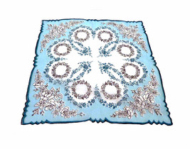 Aqua Blue Flower Handkerchief Blue Green Scalloped Border White Background - £5.54 GBP