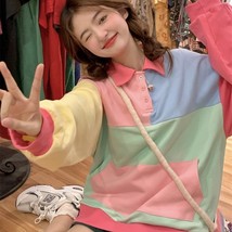 KIMOKOKM Sweet Kawaii Girly Preppy Style Cute Color Contrast Splicing Pullover K - £92.08 GBP