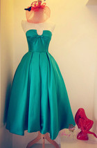 Rosyfancy Free Shipping Green Strapless A-line Satin Tea Length Prom Party Dress - £95.63 GBP