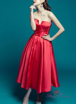 Rosyfancy Free Shipping Red Strapless A-line Satin Tea Length Prom Party Dress - £95.90 GBP