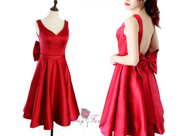 Rosyfancy V-neckline A-line Backless Satin Tea Length Short Prom Party Dress - $75.00