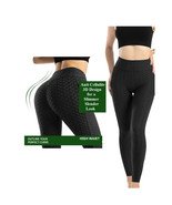  High Rise Butt Lift Leggings   Honeycomb Texture Tummy Hiding Black Leg... - £14.84 GBP