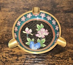 Vintage Chinese Cloisonne Teal &amp; Gold Tone Floral Round Ashtray - $28.77