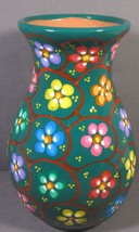 Studio Art Pottery Vase Bright Green Multi- Color Flowers 7 1/4&quot; Hand Painted. - £13.98 GBP