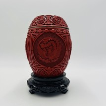 Chinese Cinnabar Red Lacquer &amp; Brass Carved Lidded Urn Vase Enameled Blue 6.5” - £183.94 GBP
