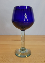 Hand Blown Glass Mexican Cobalt Blue &amp; Clear Wine Glass 8&quot; Tall Goblet - £11.73 GBP