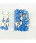 Frosted Ice Blue Crystal Silver Tone Bead Stack Bracelet Dangle Earrings... - £31.59 GBP